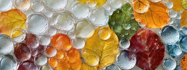 Raindrops on colorful leaves create a mesmerizing texture amidst nature's vibrant palette during a rainy season