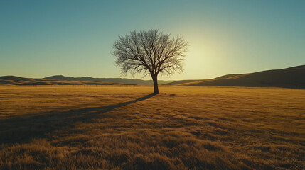 Expansive Open Field Featuring a Majestic Lone Tree Centered Amidst Vibrant Natural Landscape for Tranquility