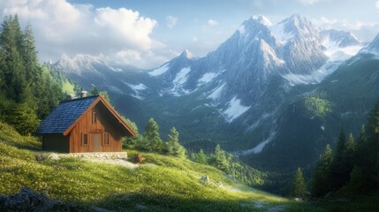 Obraz premium Idyllic mountain cabin set against snow-capped peaks offering a quiet escape