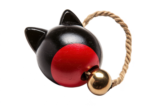 Traditional Japanese cat toy with black and red color scheme, featuring bead and string for playful engagement and aesthetic appeal in home decor