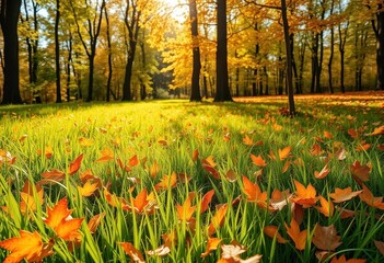 Golden autumn leaves scattered across vibrant green grass in a sun-dappled forest, forest, scene