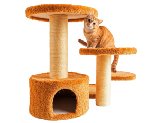 Playful orange cat exploring a multi-level cat tree with scratching posts and cozy hideout for feline fun and entertainment indoors