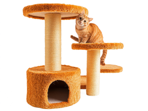 Playful orange cat exploring a multi-level cat tree with scratching posts and cozy hideout for feline fun and entertainment indoors