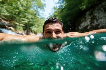 A joyful young man swims in clear turquoise water, surrounded by lush greenery, embodying the spirit of adventure, freedom, and the beauty of nature's aquatic wonders.