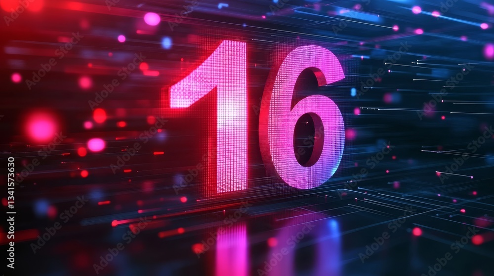Poster glowing digital 3d number 16 in futuristic style with abstract technology background, data concept