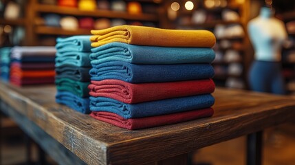 Folded Colorful Clothes Stacked on Wooden Table