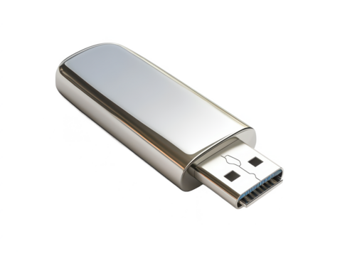 Modern USB flash drive with sleek design and shiny metallic finish suitable for technology, storage solutions, data transfers, and corporate use