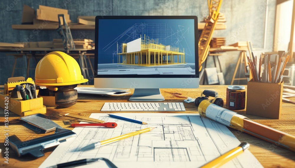 Poster detailed construction blueprint displayed on computer screen surrounded by tools and hardhat on wood