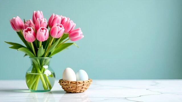 Bouquet of beautiful pink tulups in vase, marble table top, pastel eggs in basket, blur minimalistic scandinavian kitchen interior background, montage product display or design key visual layout