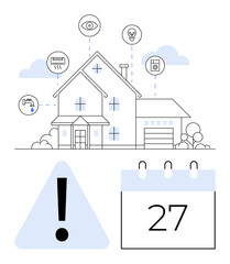 House with connected devices for lighting, security, HVAC, appliances, water management, scheduling. Ideal for IoT, homecare, technology energy efficiency daily planning security flat simple