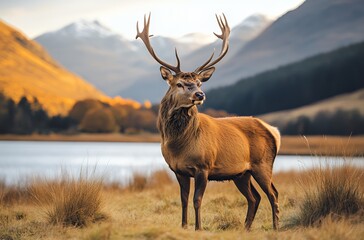 Stunning Male Deer in a Serene Natural Landscape Surrounded by Mountains