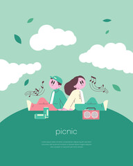 Couple enjoying a picnic with music on a beautiful summer day Simple style illustration