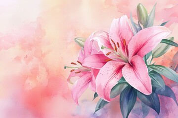A delicate watercolor painting of pink lilies against a soft, pastel background, conveying beauty and tranquility.