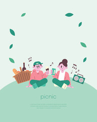 Couple enjoying a picnic in the park with food, music and drinks. Simple style illustration. Warm spring day.