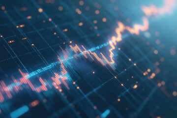 Abstract financial background. High tech dynamic backdrop. Stock market data on digital screen. Green light. Immersive futuristic theme for media web design projects. Trading charts, bar, arrow, graph