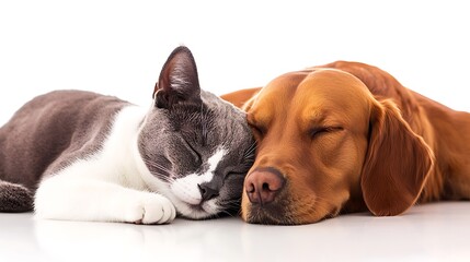 Sleeping dog and cat cuddling.