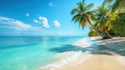 Idyllic Tropical Beach Scene with Turquoise Water and Lush Palm Trees