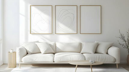 A modern living room with a white sofa and three large abstract framed artworks, illuminated by natural light.

