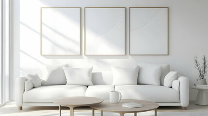 A stylish living room with a white sofa and three blank frames, perfect for customizable wall art mockups.

