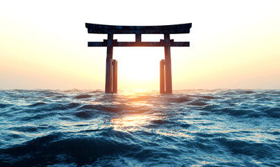 Ethereal Japanese Torii Gate Emerging from the Serene Sea at Sunset Background
