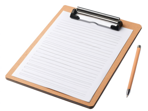 Blank clipboard with lined paper and pen on a white background for office, school, or personal use in writing, notes, planning, or brainstorming sessions