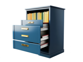Modern blue filing cabinet with open drawers displaying colorful folders and books in an organized workspace environment for office use