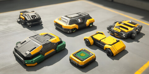 Seven futuristic vehicles with boxy designs and vibrant yellow green and dark gray colors sit on a concrete surface.