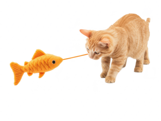 Playful orange cat interacting with a plush fish toy, showcasing curiosity and fun in a bright and vibrant indoor setting.