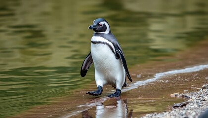 Obraz premium Penguin walking by the water's edge coastal habitat wildlife photography natural environment close-up view animal behavior