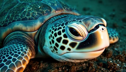 Fototapeta premium Underwater close-up of a sea turtle coral reef marine life photography ocean depths aquatic environment conservation concept