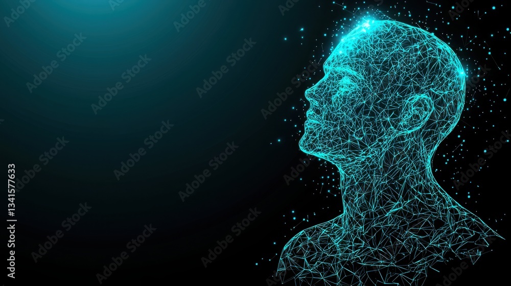 Poster conceptual image of a man's head with a glowing blue light symbolizing blockchain-based identity sec