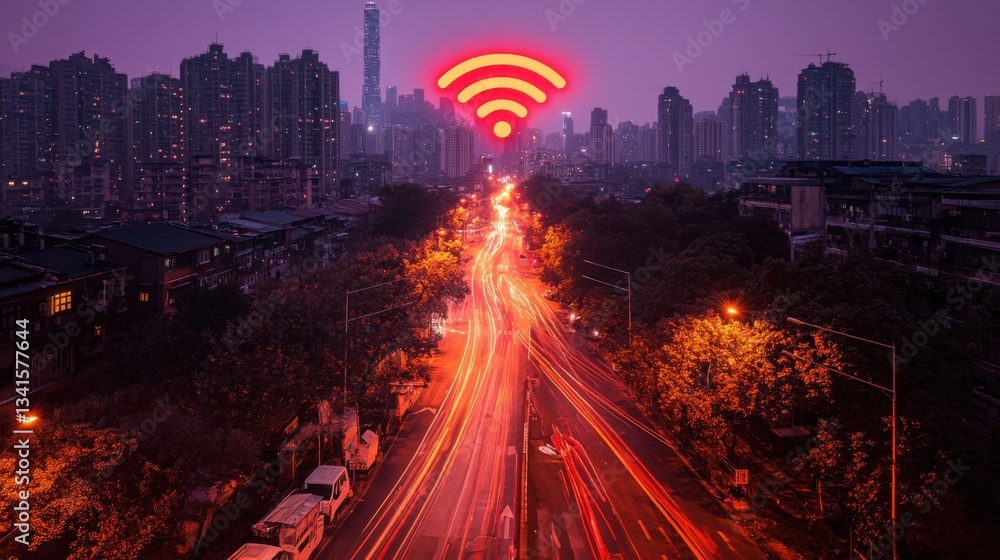 Poster urban city landscape featuring modern architecture and infrastructure in the era of blockchain-authe