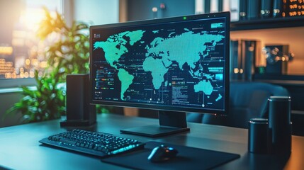 Fototapeta premium A sleek computer desk with an advanced holographic world map, glowing in shades of blue and green, symbolizing innovation and AI.
