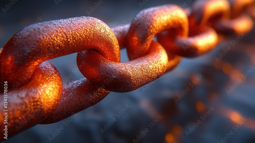 Poster chain links illuminated by flames in the background symbolizing the importance of blockchain secured