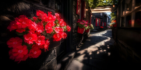 Sunlit stone alleyway adorned with vibrant red flowers in window boxes creating a charming picturesque scene.