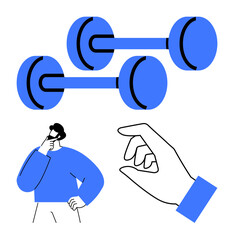 Dumbbells symbolize fitness, a thoughtful man reflects on health decisions, and a hand gesture represents selection. Ideal for health, exercise, decision-making, strategies, self-improvement