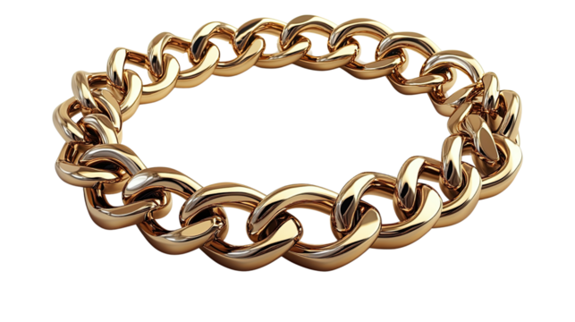 A metallic gold chain with strong links isolated on a white background