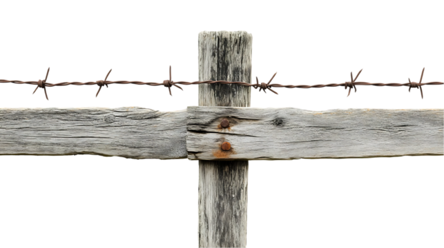 Barbed wire attached to wooden fence post and board