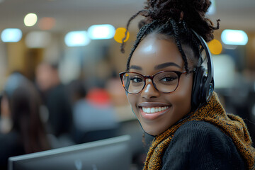 Smiling woman with headphones and glasses in a busy office environment.
