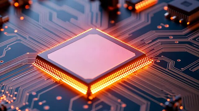 Illuminated microchip on circuit board showcases intricate design and technology