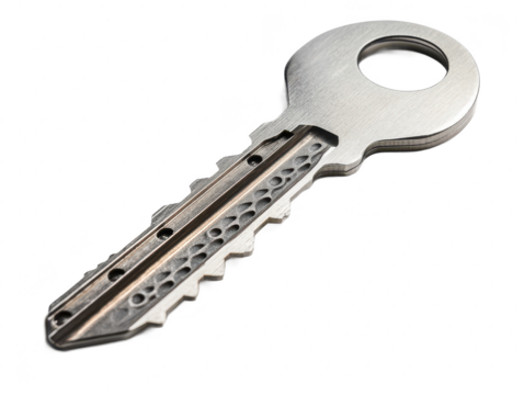 Close-up of a metallic key with intricate grooves and ridges, showcasing its design and functionality on a clean backdrop for security concepts