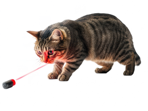 Cat playing with laser pointer in living room, focused expression and intense gaze, highlights of playful behavior and curious nature of house cat