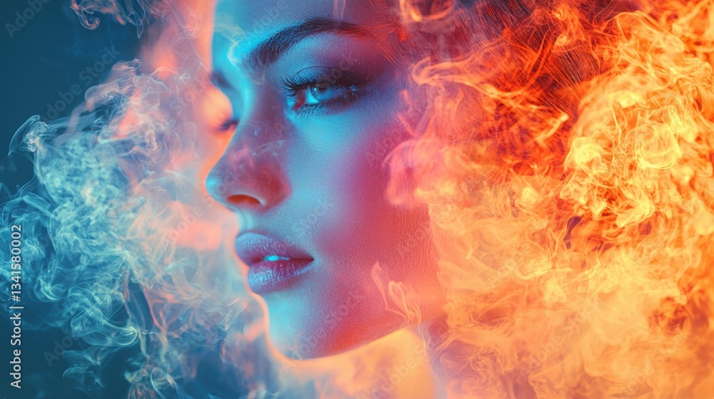 Poster intense close-up of a woman with a fierce expression displaying passion and distinctive features in 