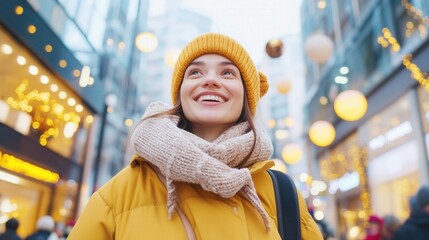 Joyful woman enjoys festive atmosphere in city street urban scene