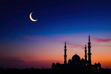 Beautiful Sunset Silhouette of Mosque with Crescent Moon in Night Sky Above Horizon