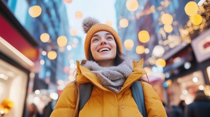 Joyful winter stroll city streets photo urban upbeat vibes