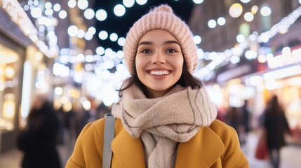 Festive city streets at night a girl's joyful winter celebration