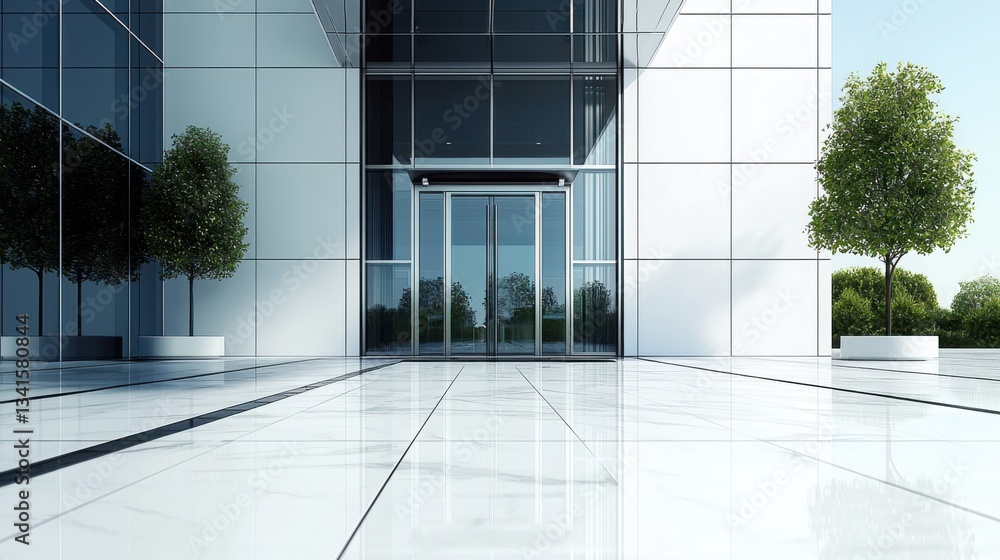 Poster innovative modern building featuring a tree in the center creating a unique blend of nature and cont