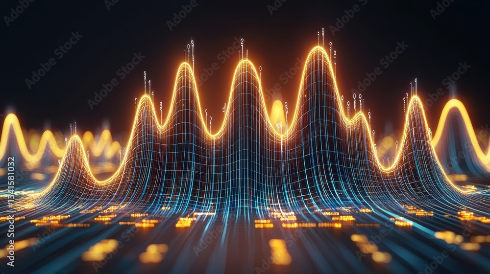 Poster a vibrant digital waveform representing data and analytics, showcasing glowing peaks and valleys wit