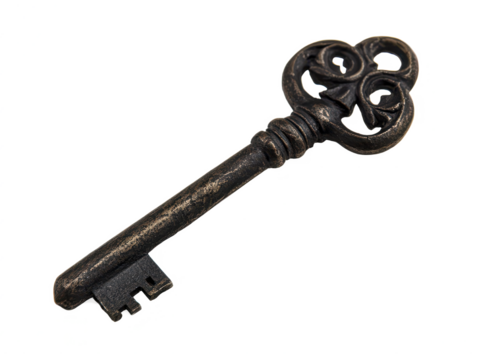 Vintage ornate key with intricate design and antique finish, isolated on white background, perfect for symbolism of unlocking potential and secrets.